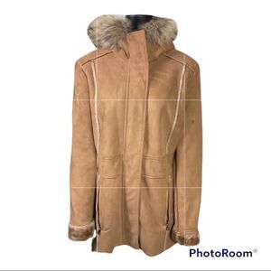 Marc New York Andrew Marc camel shearling fur hooded Sherpa coat L